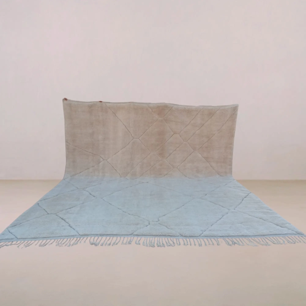 Oversized Moroccan Beni Mrirt rug named Elvas, handwoven from soft natural wool with a plush diamond pattern and textured finish.