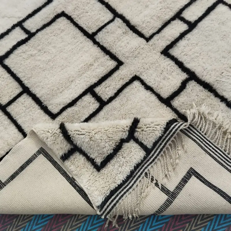 Caro - Custom Moroccan Beni Mrirt rug featuring a bold black geometric square design on a creamy background, handwoven with premium wool.