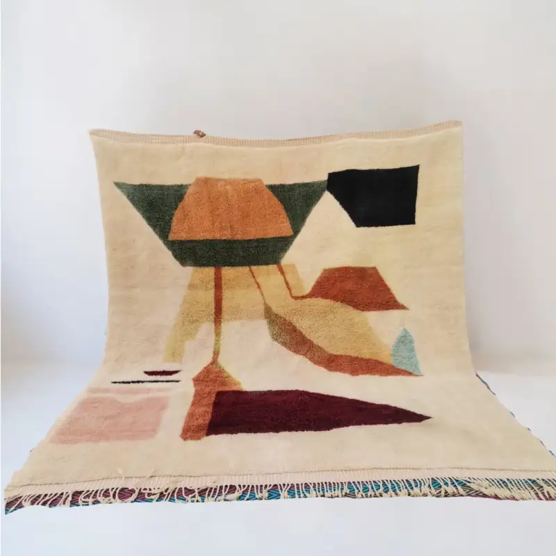 Handmade Moroccan Beni Mrirt rug with an abstract tree-inspired design, crafted from 100% wool. Featuring warm earthy tones and geometric patterns, this artisan rug adds a modern yet organic touch to any space.